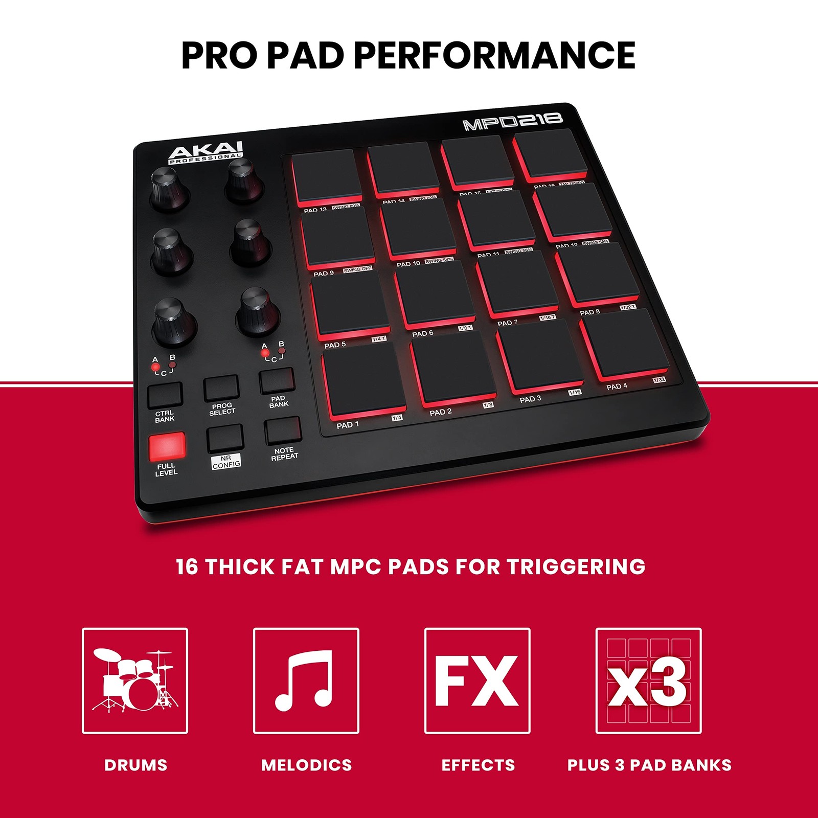 Akai MPD218 USB MIDI Drum Pad Controller, 16 Pads, 6 Knobs