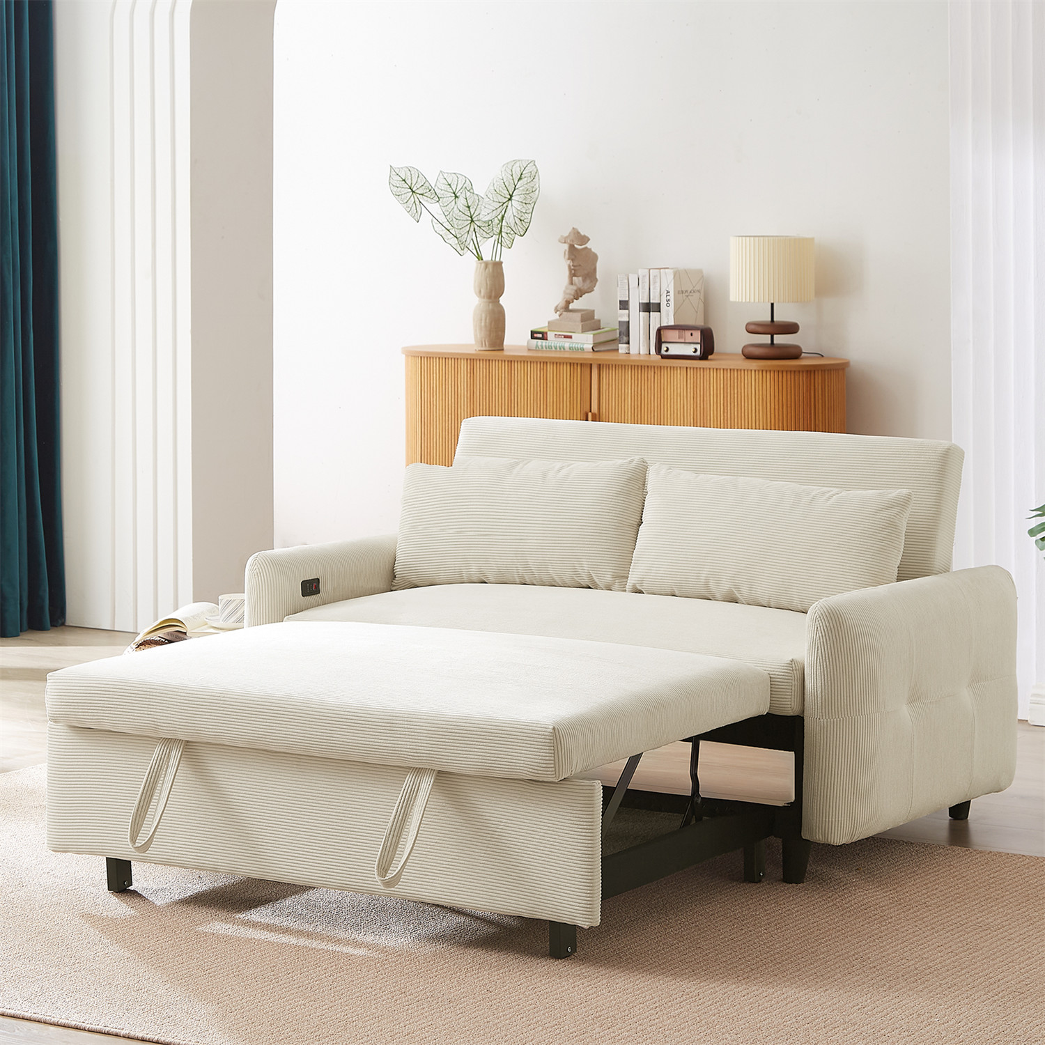 Convertible Sleeper Sofa Bed Loveseat Sofa w/ Pull Out Bed & USB Ports