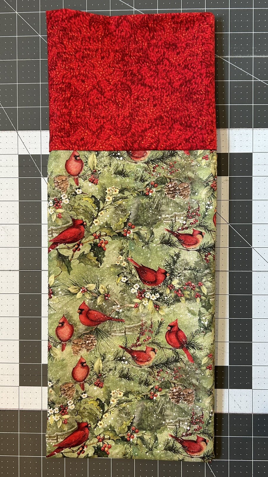 Homemade Cotton Winter Green & Red Cardinal Pillowcase - handmade, standard size