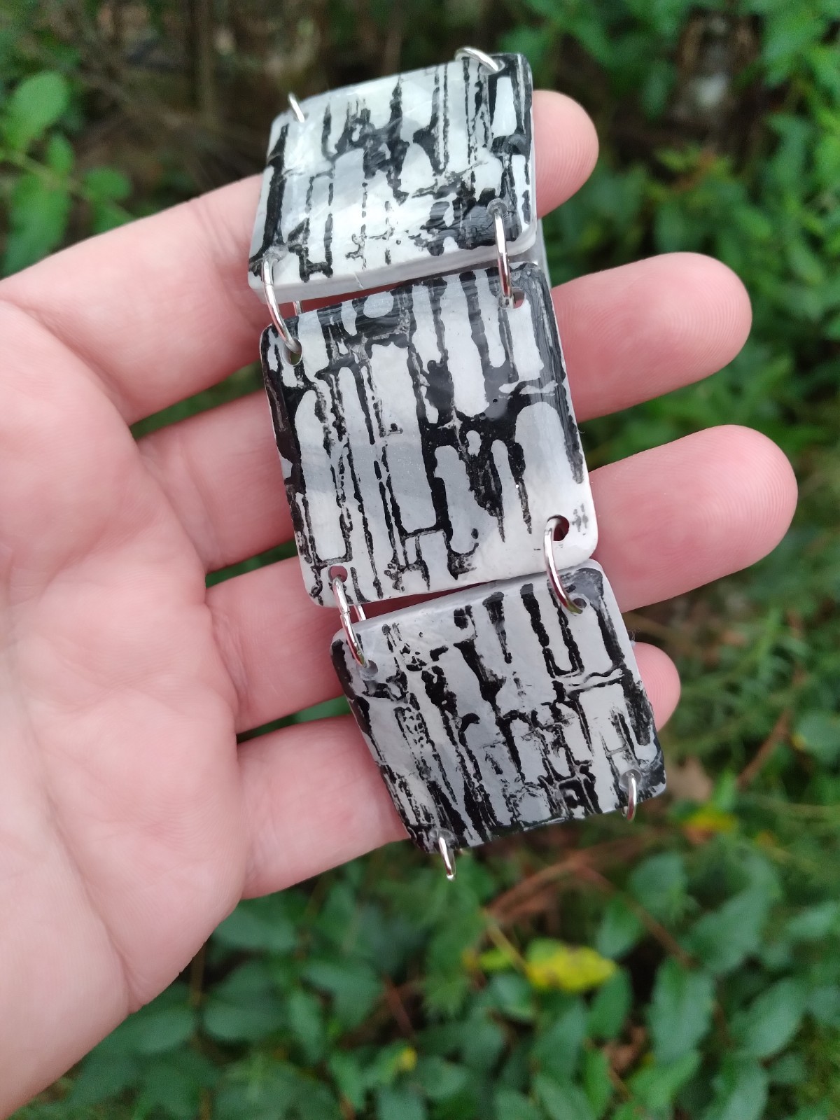 Handcrafted Reversible Polymer Clay Resin Silver Bracelet Black Gray White