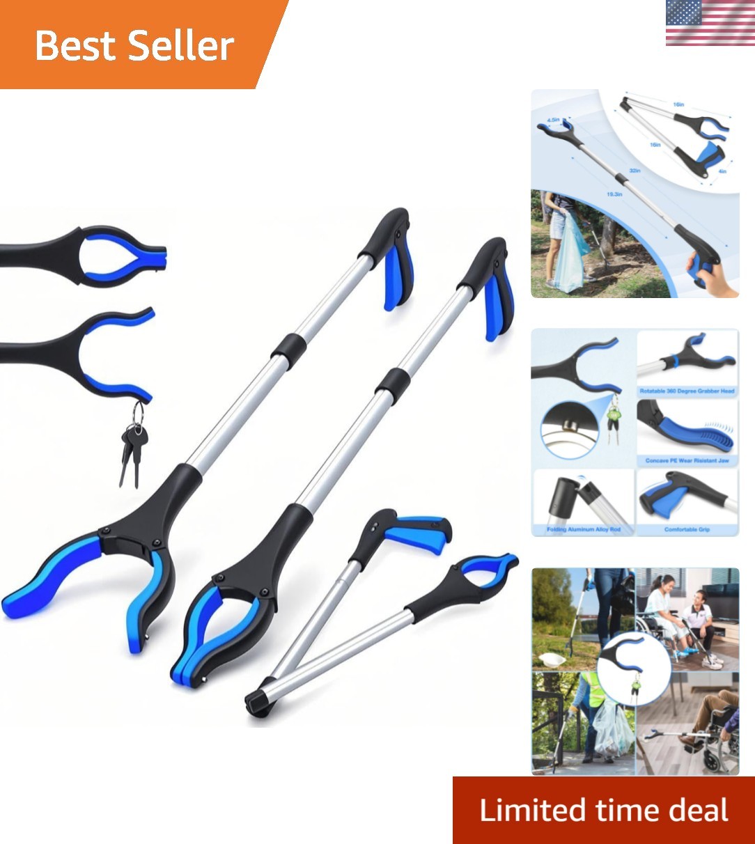 2-Pack Grabber Tool, 32" Long Reacher Grabber Pickup Tool with Magnetic Tip, ...