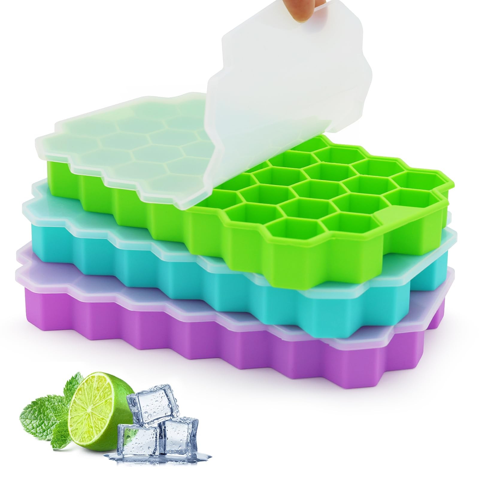Ice Cube Trays for Freezer, 3 Pack Ice Cube Tray with Lid, Silicone Ice Cube ...