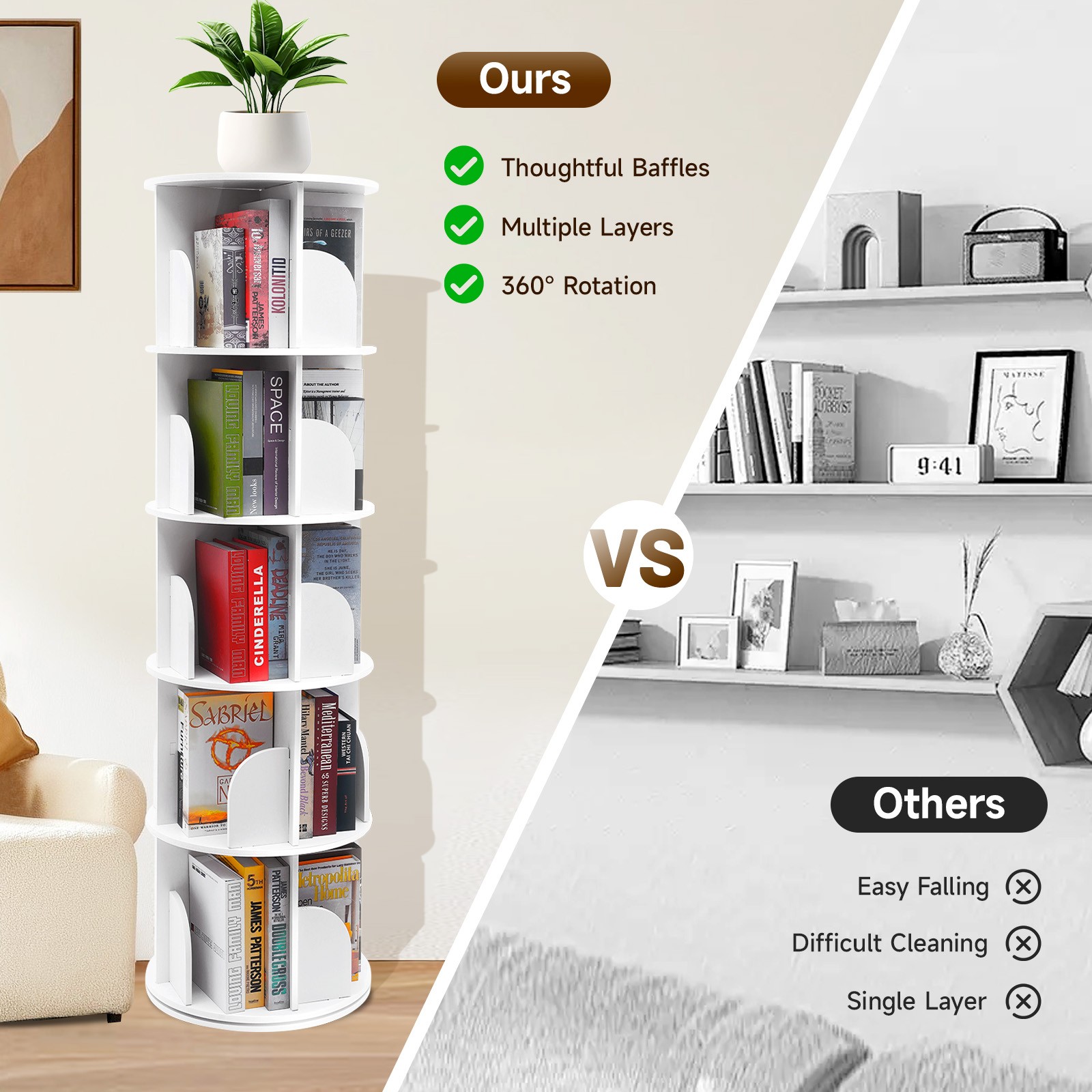 5 Tier 360° Rotating Bookshelf Bookcase Storage Shelf Free standing Display Rack