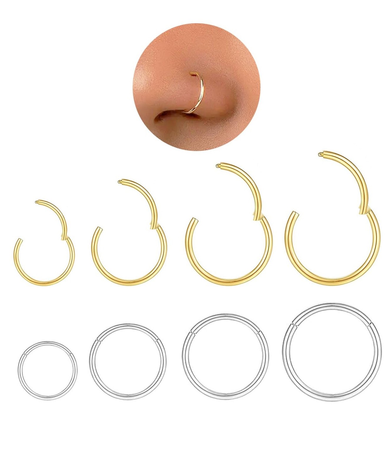 Hypoallergenic Nose Rings Hoops Set for Women Men: 8Pcs 18G Gold/Silver 316L ...
