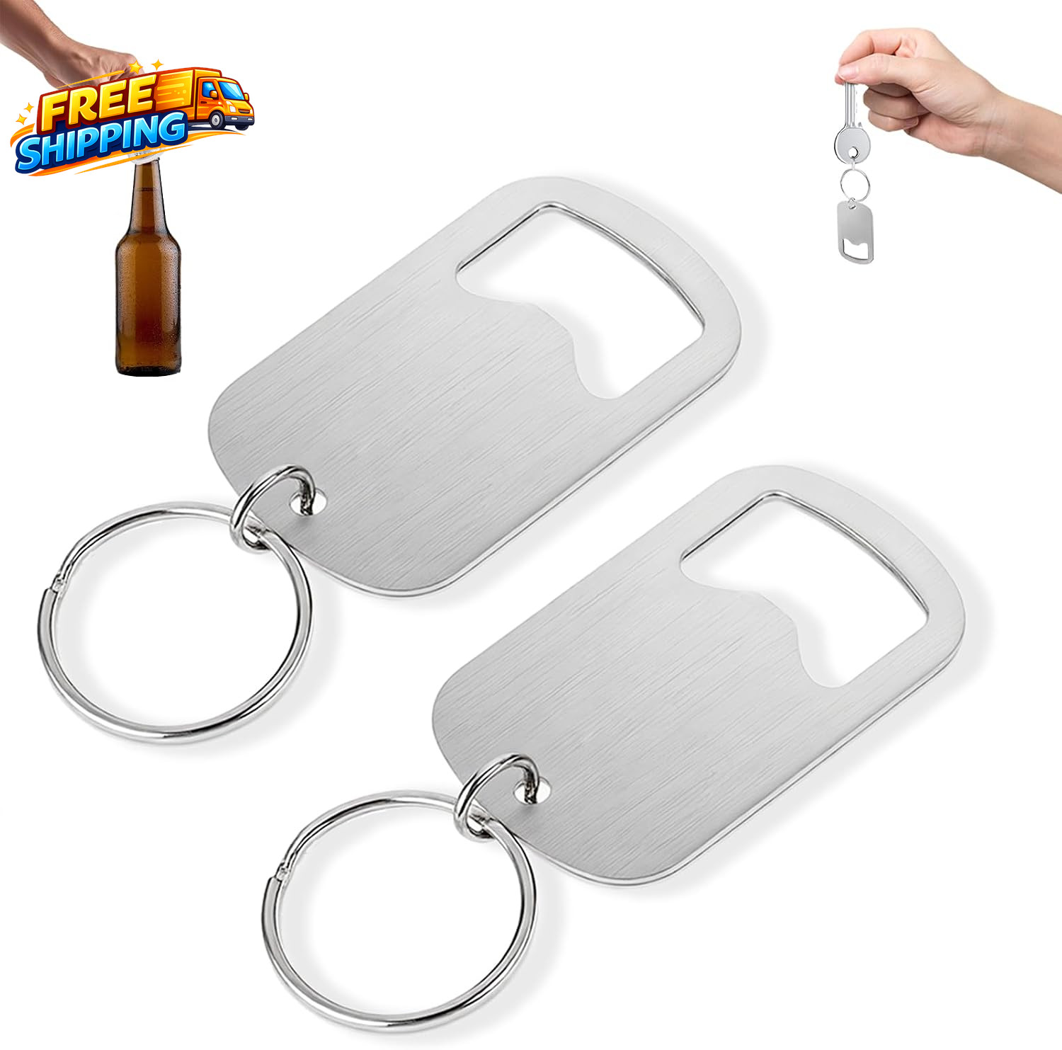 2Pcs Stainless Steel Bottle Opener Keychain, Portable Flat Keychain Bottle Opene