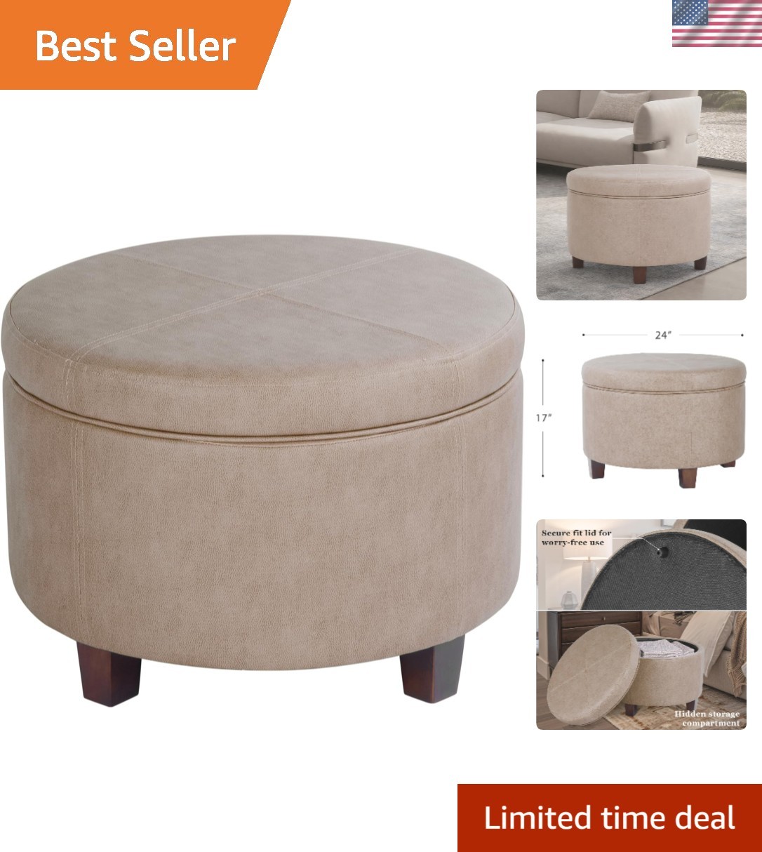 Home Decor | Upholstered Faux Leather Round Storage Ottoman | Ottoman with St...
