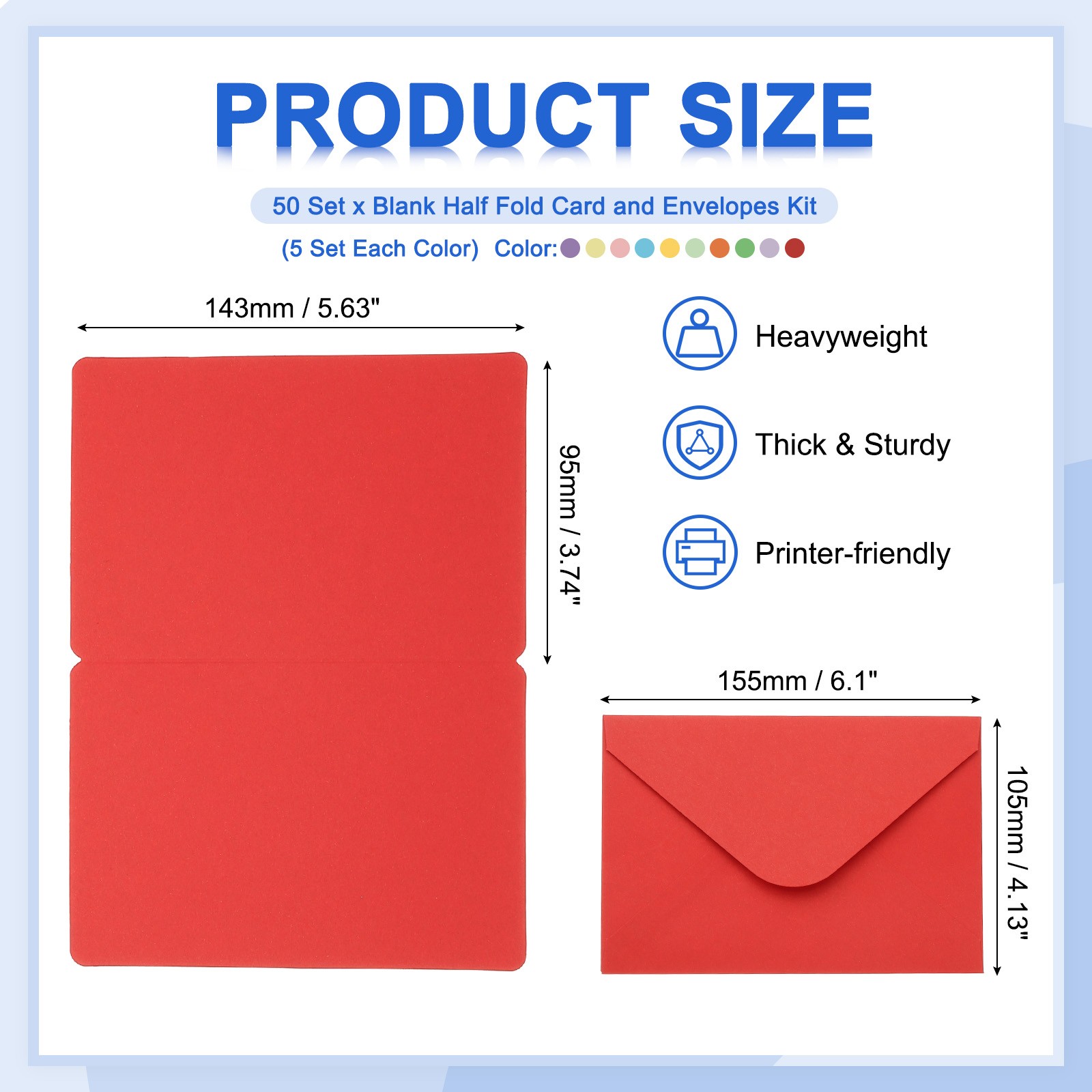 50 Set 4 x 6" Blank Multicolor Half Fold Card and Envelopes, Multicolor