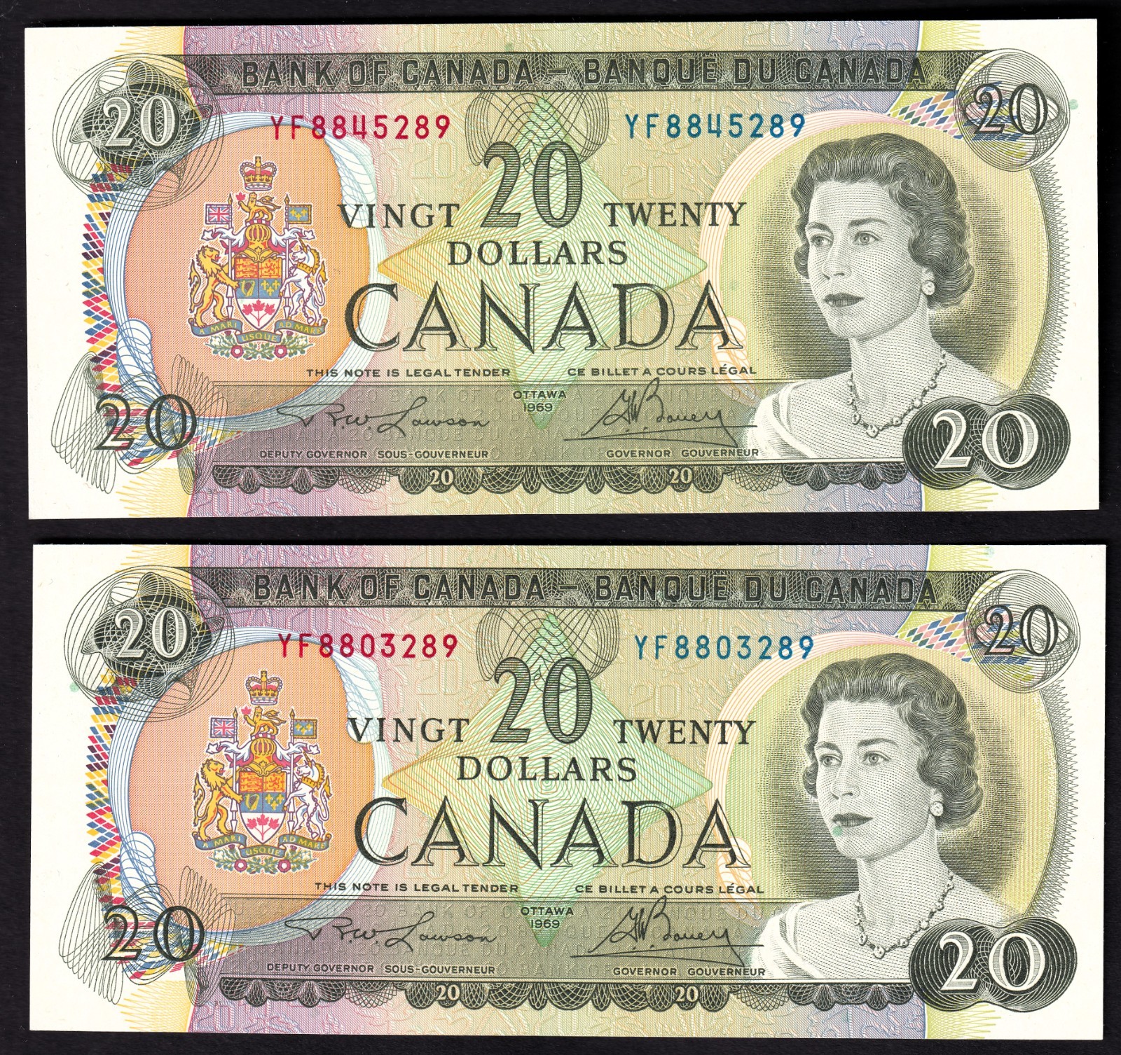 Canada 1969 $20 Twenty Dollar Banknotes Lawson - Bouey Lot Of Two Notes