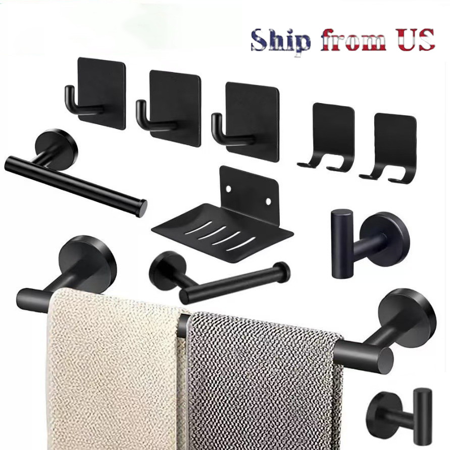 11Piece Matte Black Bathroom Accessories Set Stainless Steel Bath Towel Bar Set