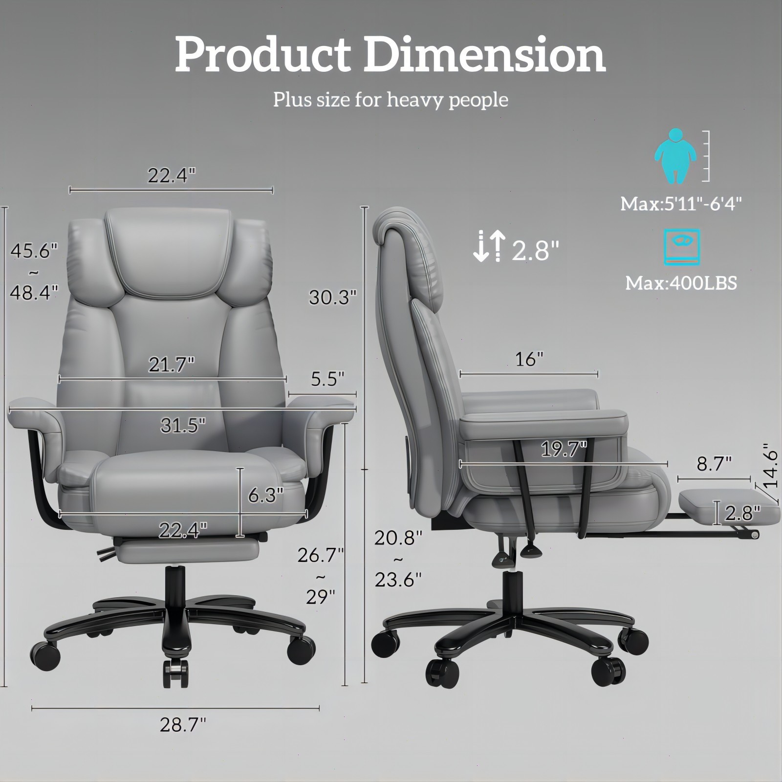 Big and Tall Office Chair Reclin with Footrest High Back Desk Chair 400LBS Gray