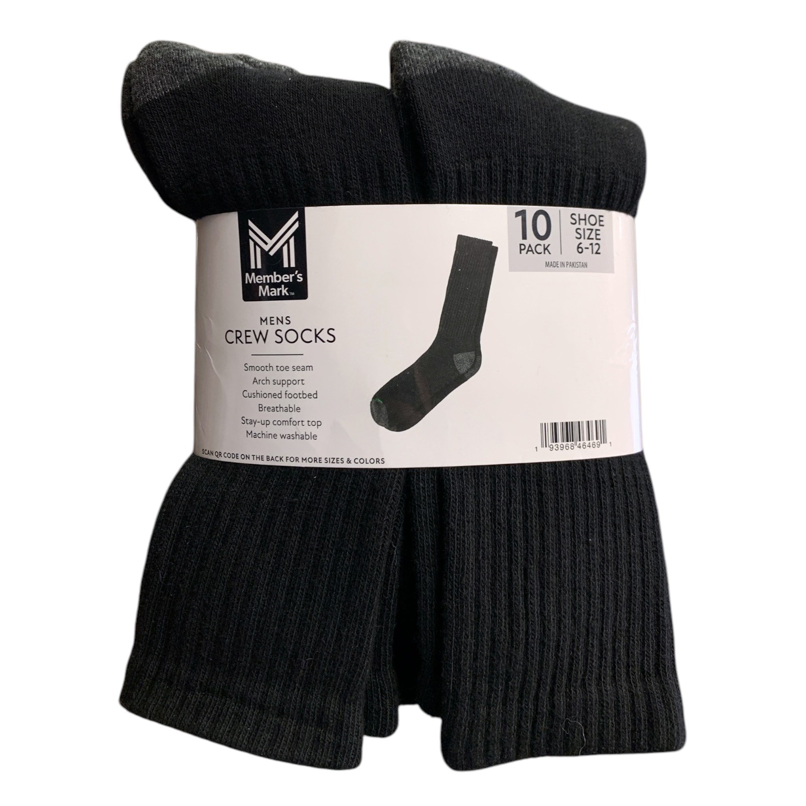 Member's Mark Mens Crew Socks, 10 Pack, Shoe Size 6-12, Arch Support,