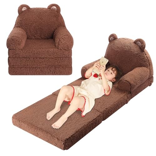 Foldable Kids Sofa, Sherpa Toddler Couch with Tri Folding Foam Small Teddy Bear