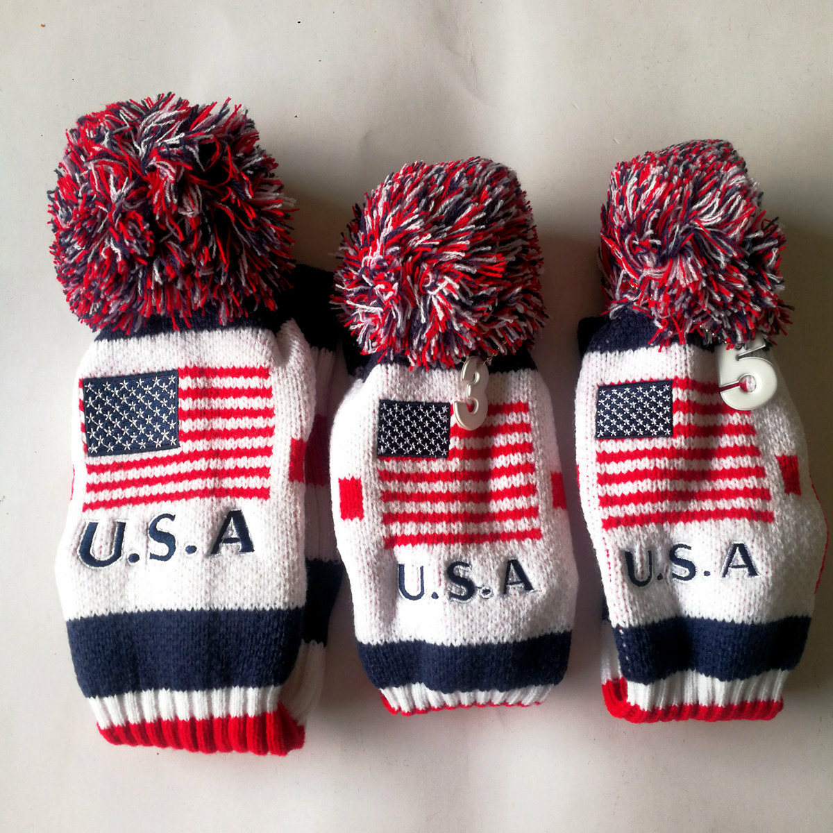 US Flag Knit Golf Driver Fairway Wood Head Covers Sock Pom Pom Covers