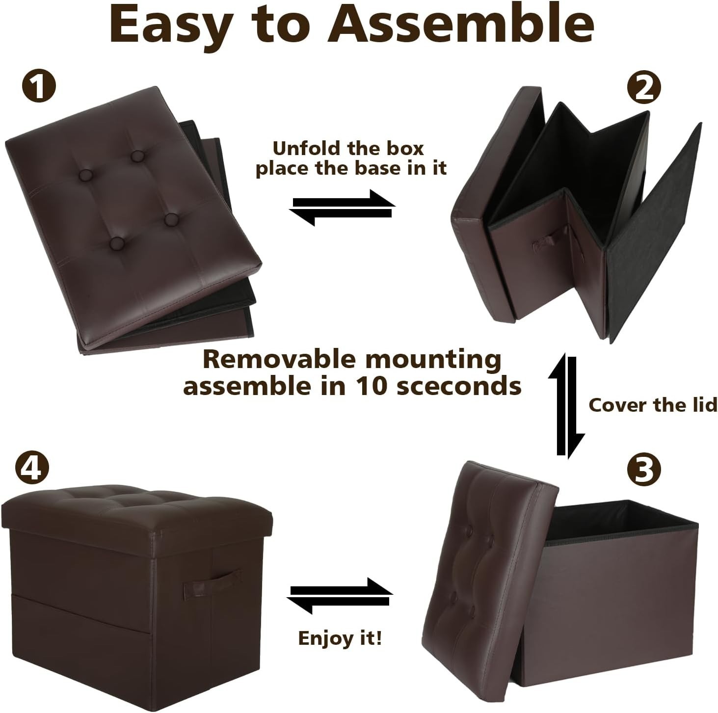 Taburete Otomano con Almacenamiento Cuero Cafe Plegable de Asiento Acolchado