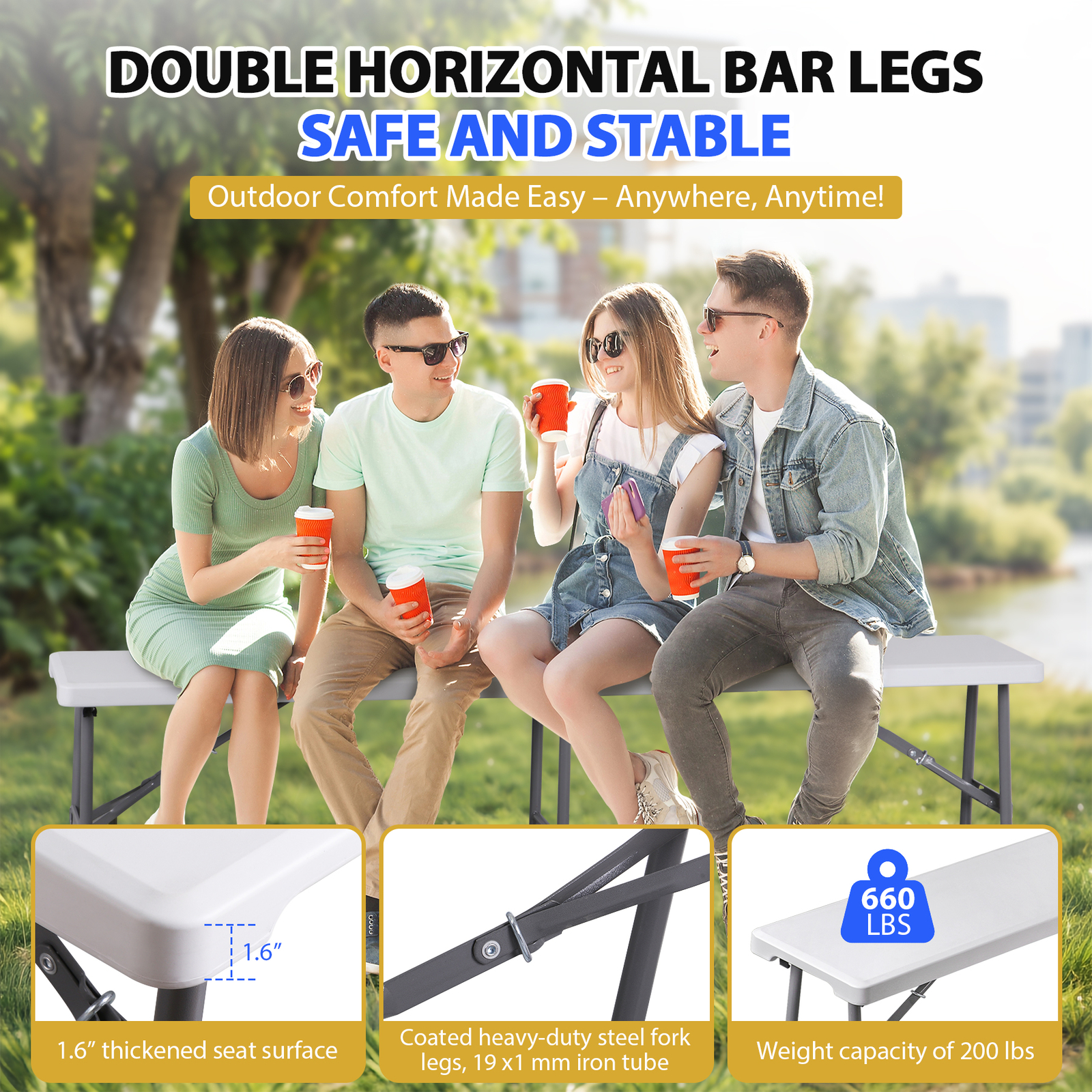6 FT Plastic Folding Bench Lightweight & Sturdy for Indoor/Outdoor Use White