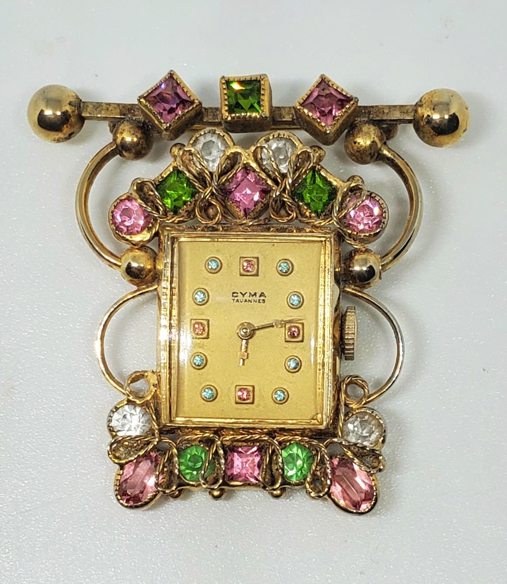 Vintage Cyma Tavannes Jeweled Quartz Woman's Brooch Watch