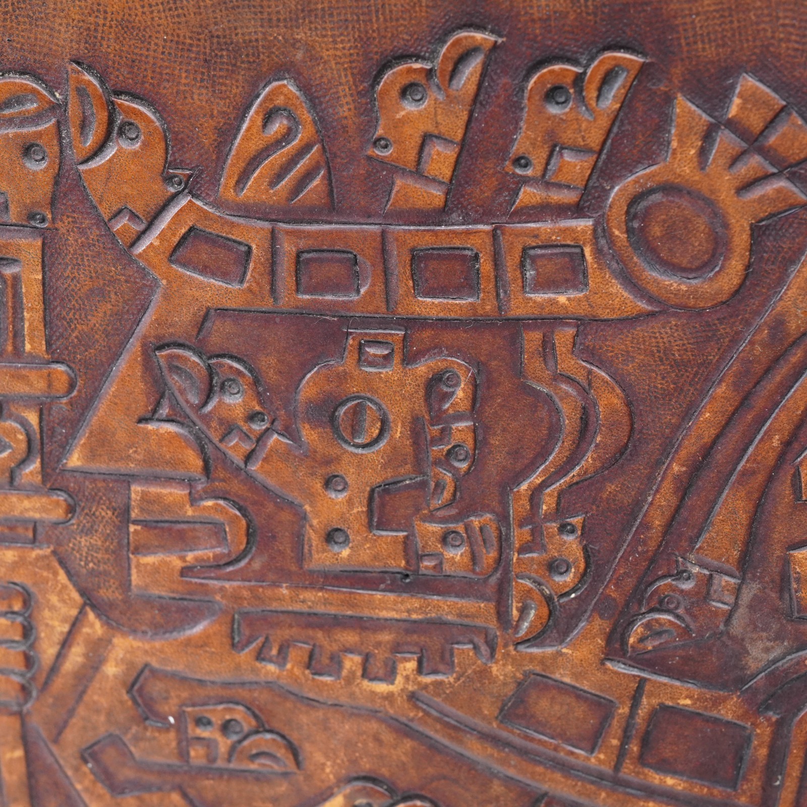 Hand Tooled Leather Top Wooden Stool Ottoman Ethnic Peru Mayan Aztec Warrior