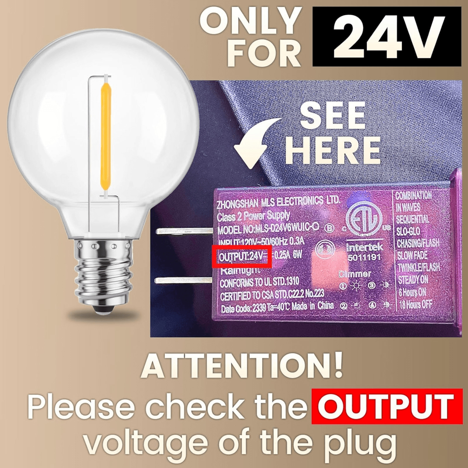 G40 LED Replacement Light Bulbs E12 Warm White String Lights 15 Pack 24V