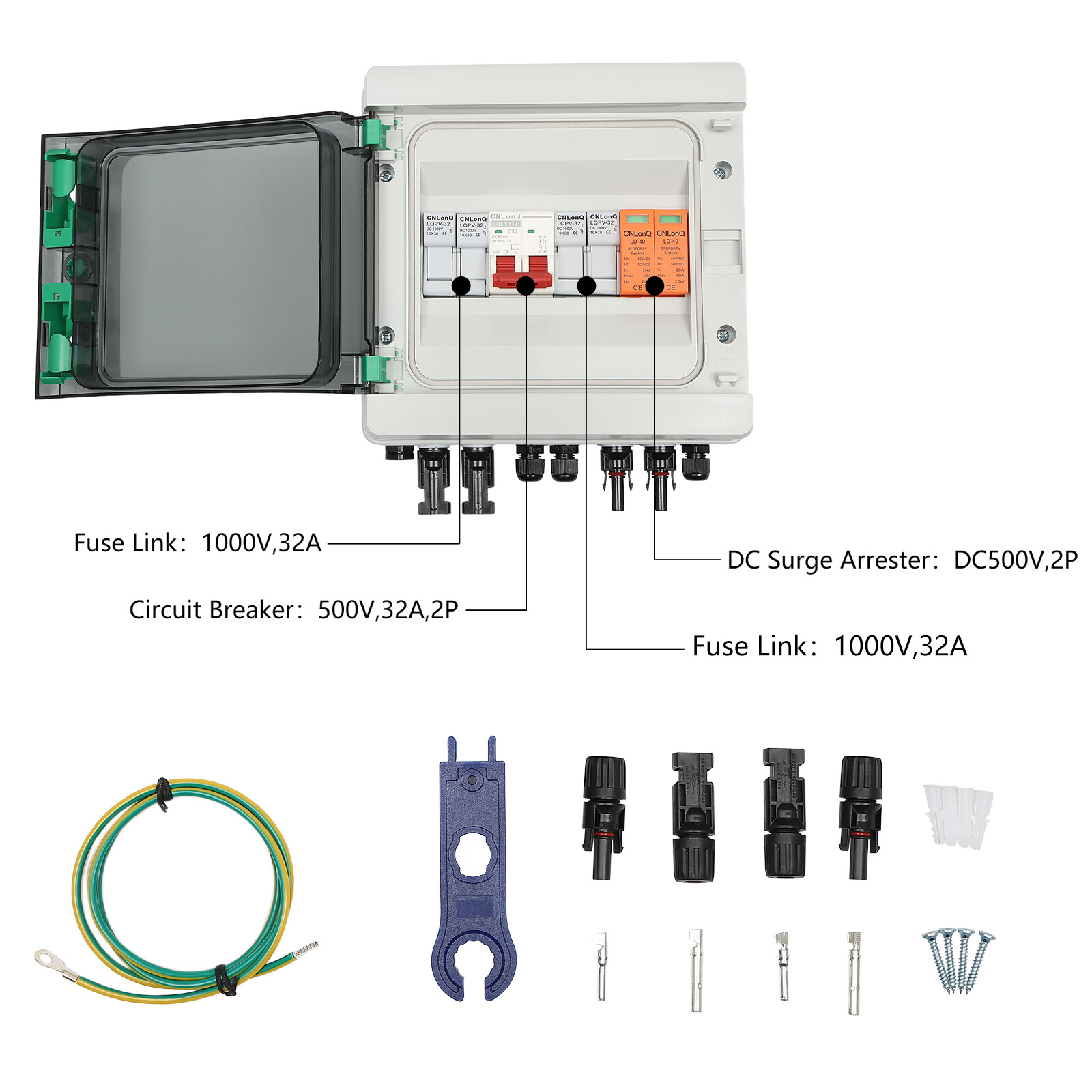 Solar Combiner Junction Box Switch DC500V 2-String 32A Circuit Breaker Protector