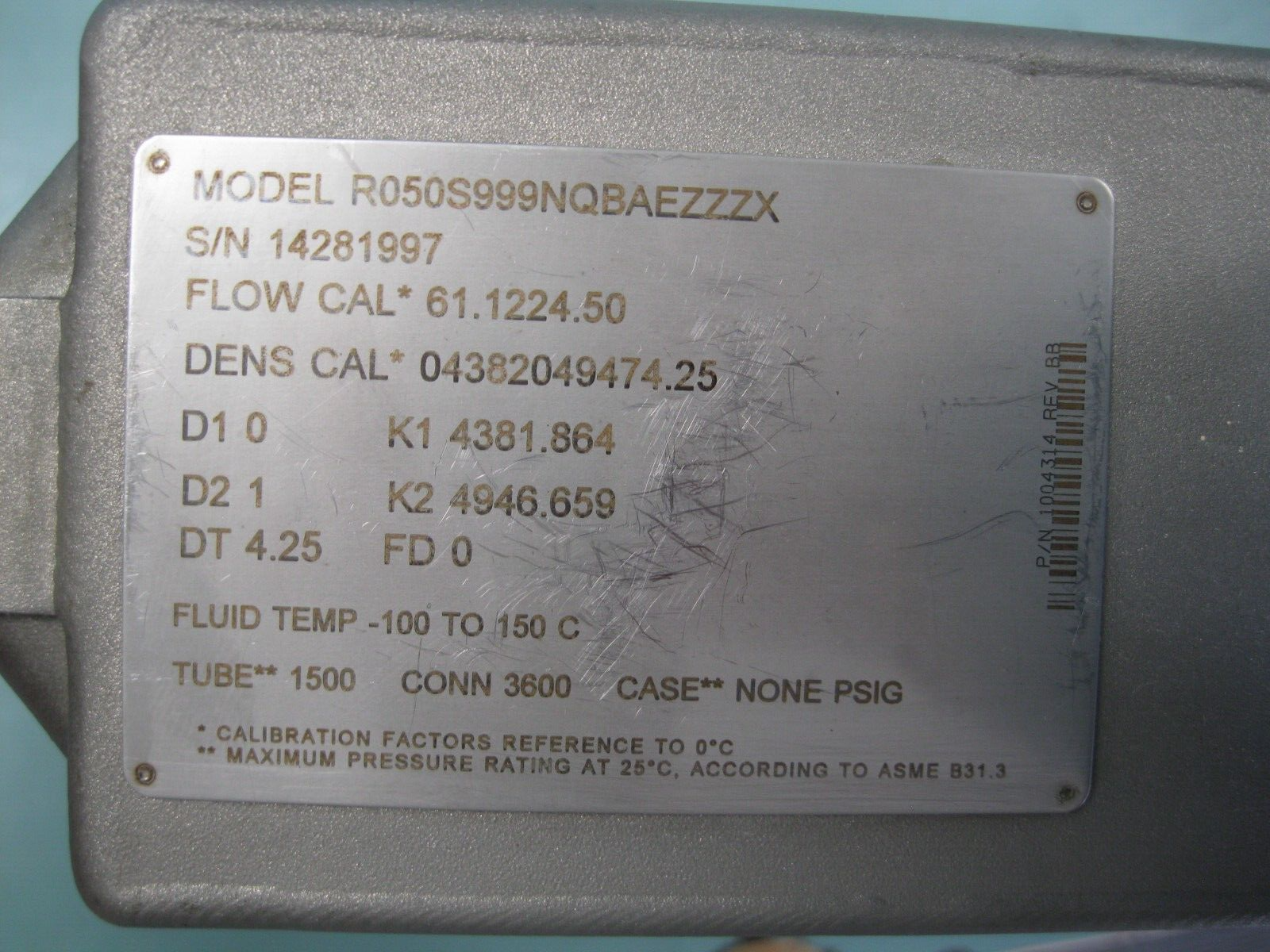 1/2" 150# Micro Motion R050 Mass Flow Sensor 2012 w/ 700 Core Processor CAL. G20