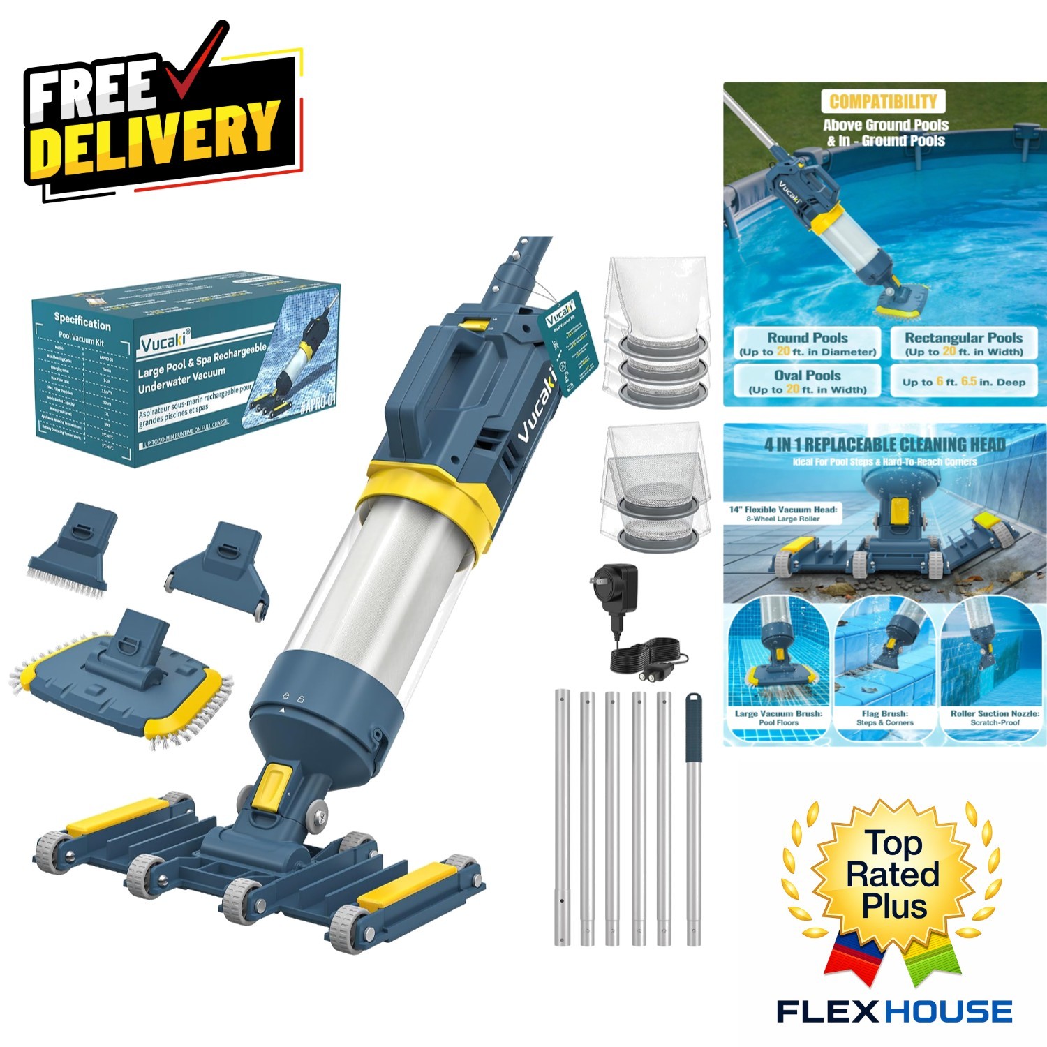 Whisper-Quiet Vucaki Pool Cleaner - 5-in-1 & 18.9GPM Suction for All Surfaces