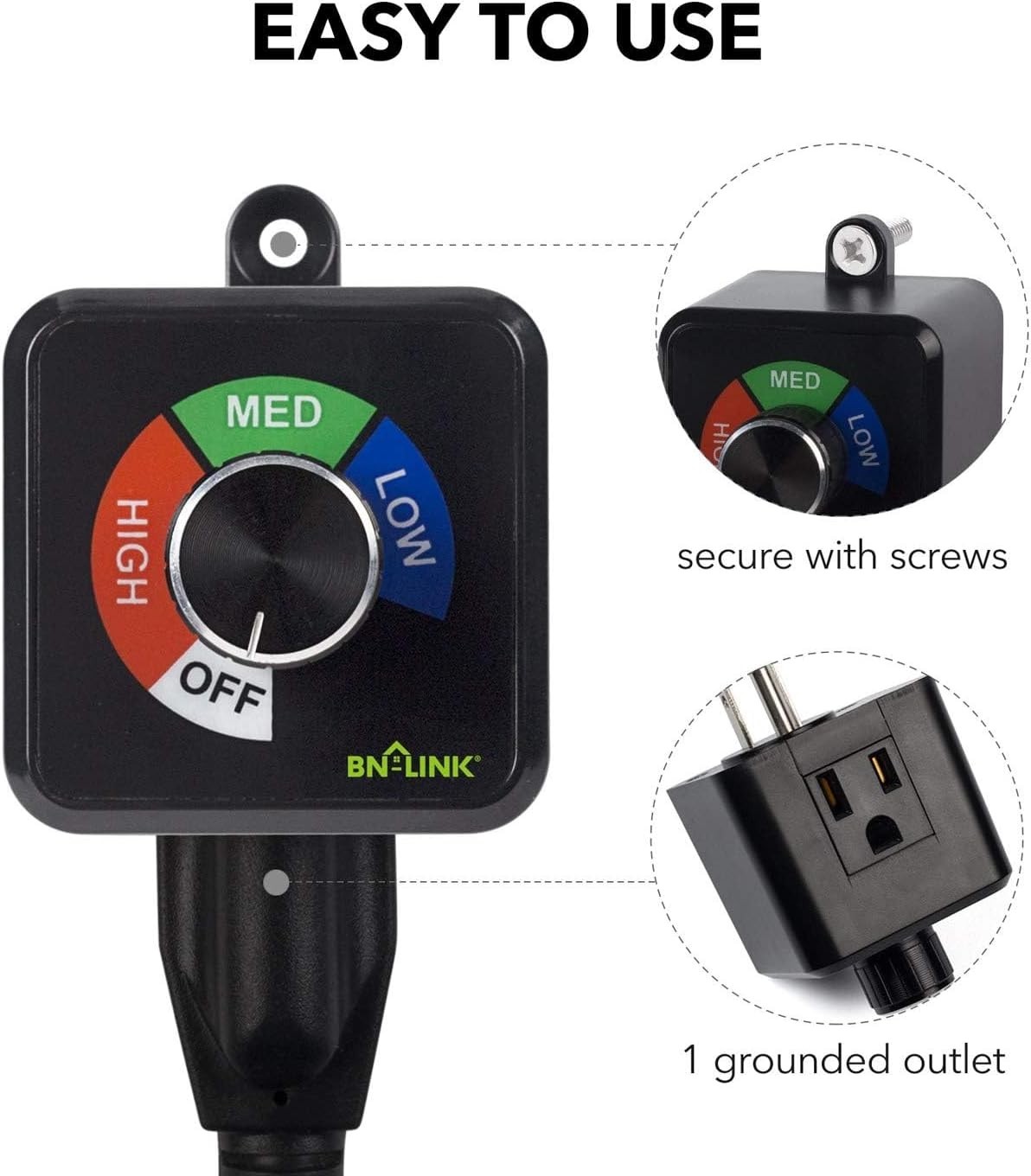Variable Fan Speed Controller, Plug-in 3 Speed Adjuster Cordless | AC Motor S...