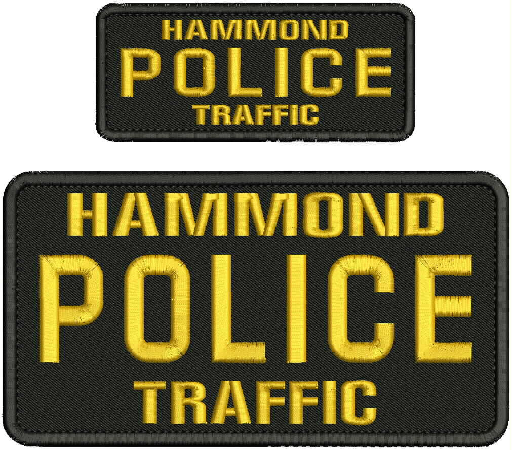 HAMMOND POLICE traffic EMBROIDERY PATCHES 4X8 & 2x5' HOOK ON BACK gold ON BLACK