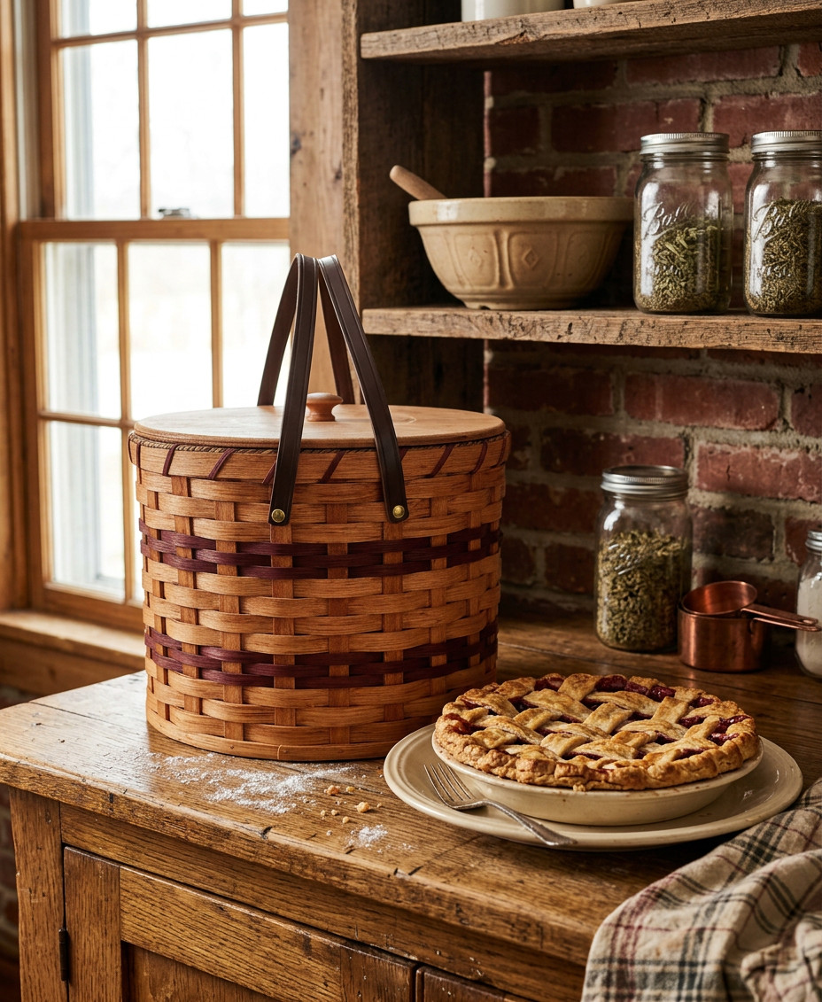 Amish Triple Pie Carrier Basket Gingerich Style Round With Leather Handles