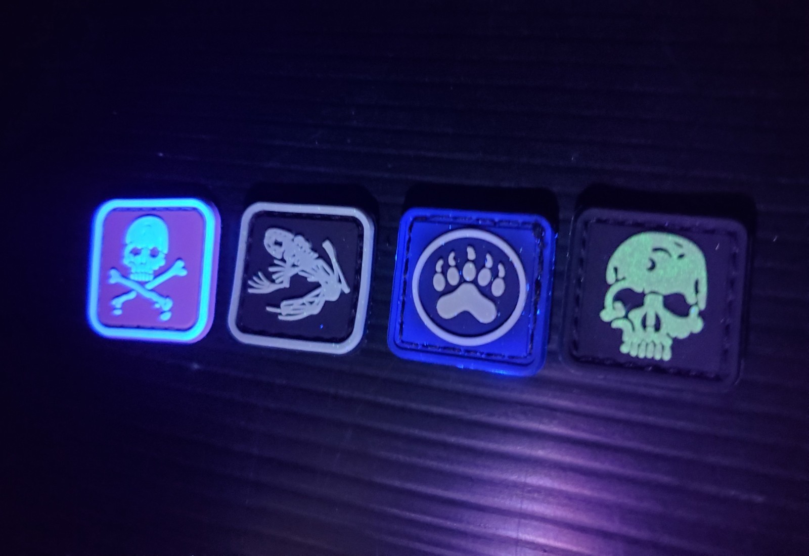 Skull Crossbones, Paw & Frog PVC Mini Morale Patch Set of 4 Hook & Loop Backing