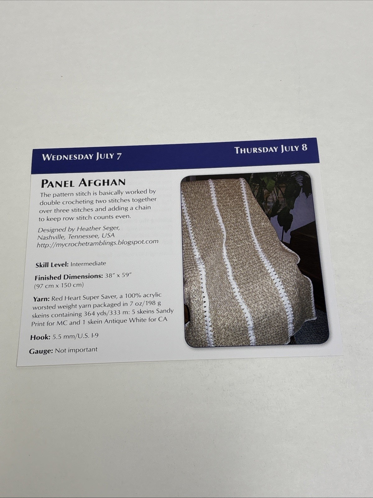 Panel Afghan Crochet Pattern Card Page