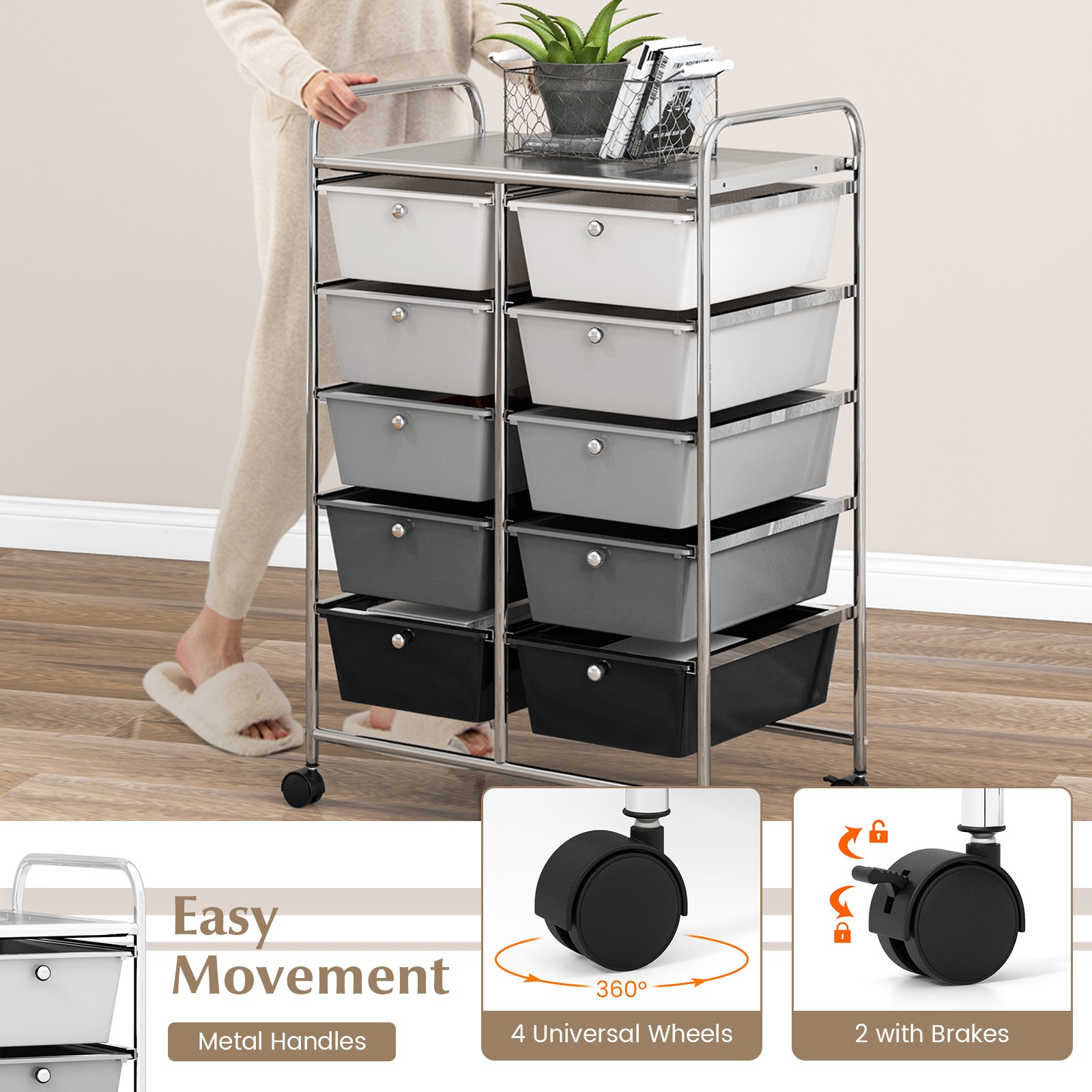 10-Drawer Storage Cart Utility Rolling Trolley Kitchen Organizer Black Gradient