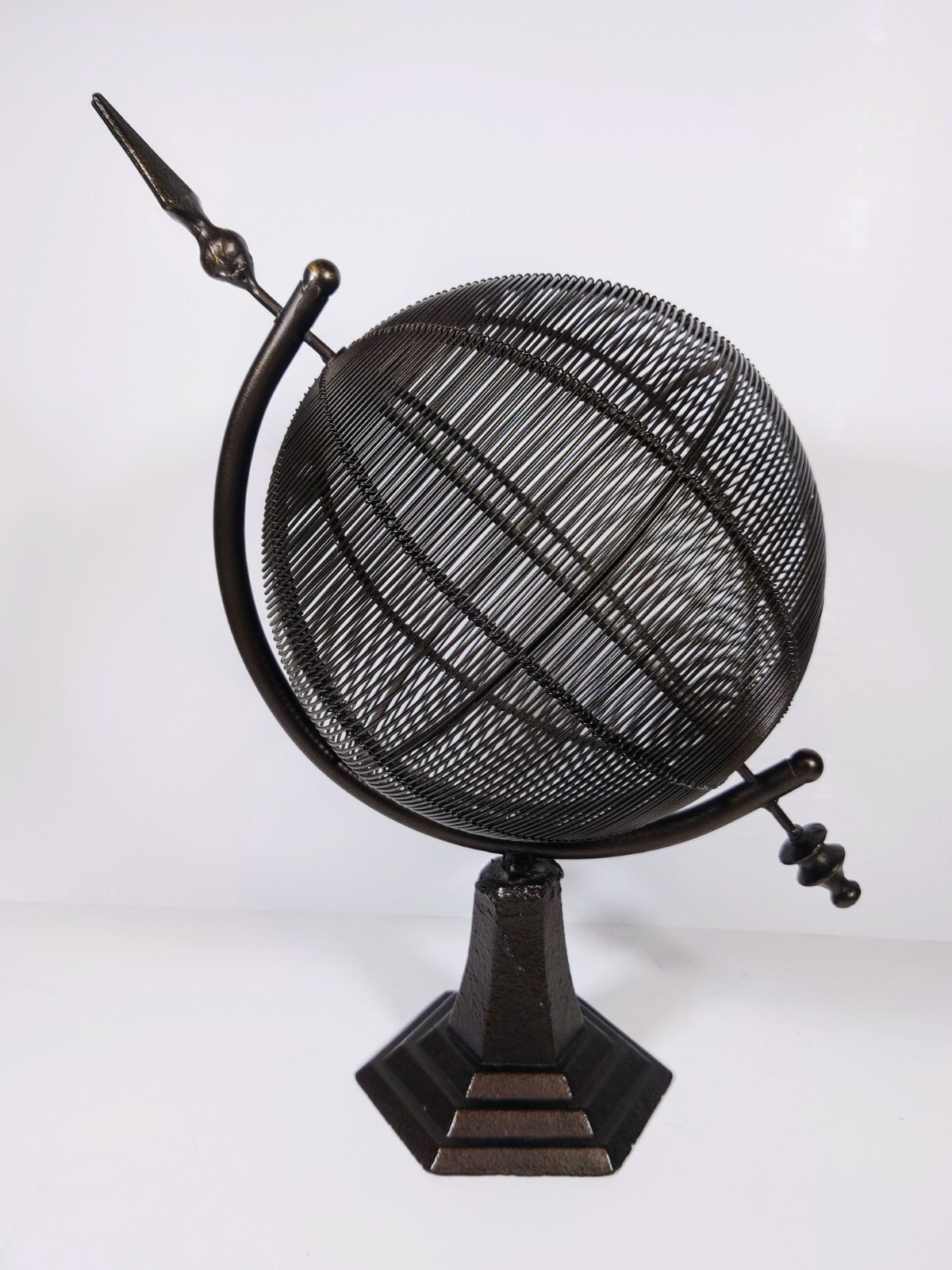 Vtg Black Bronze Metal Spinning Globe Armillary Sundial,  16"H, Very Good