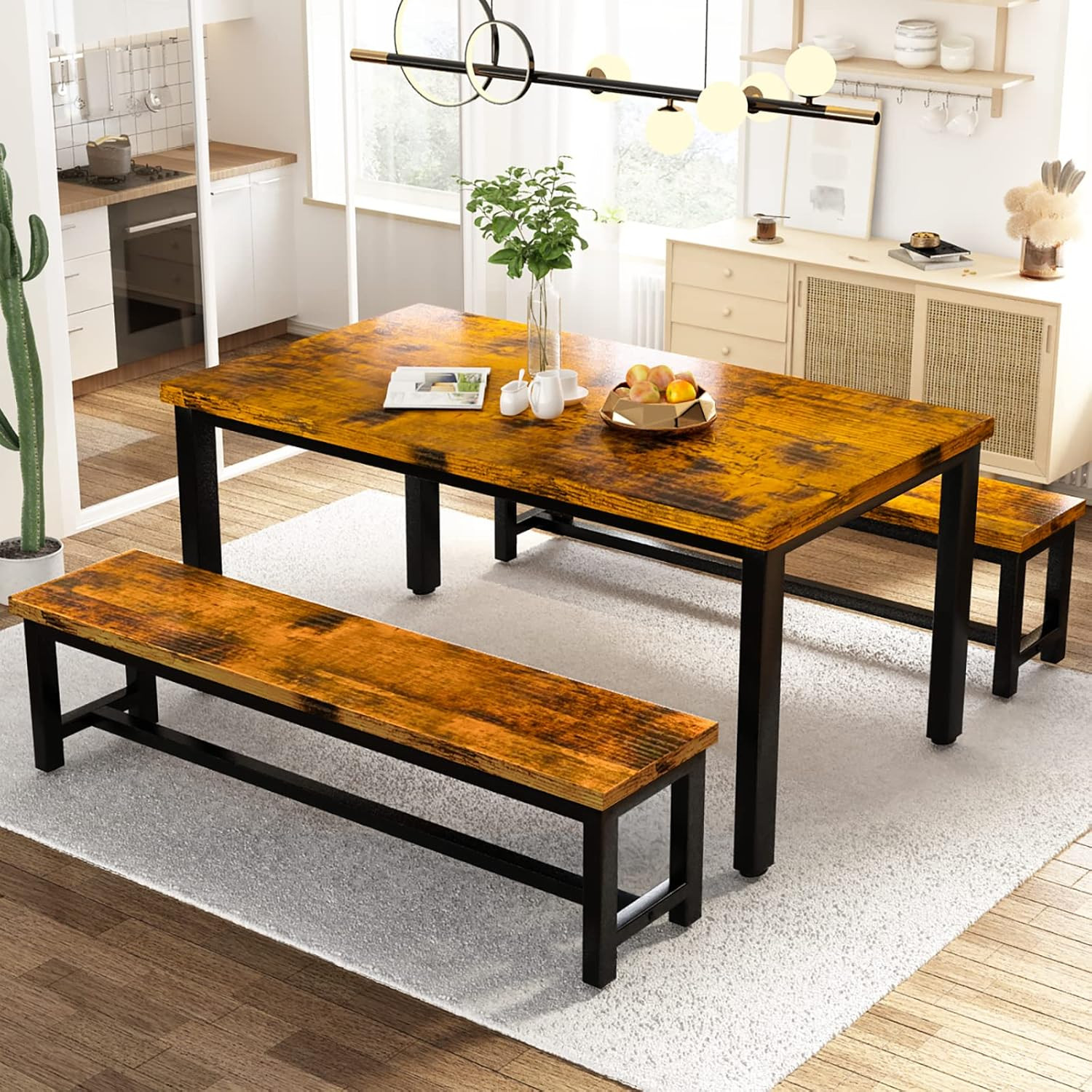 Industrial Brown Dining Table Set with 2 Benches for Home & Kitchen