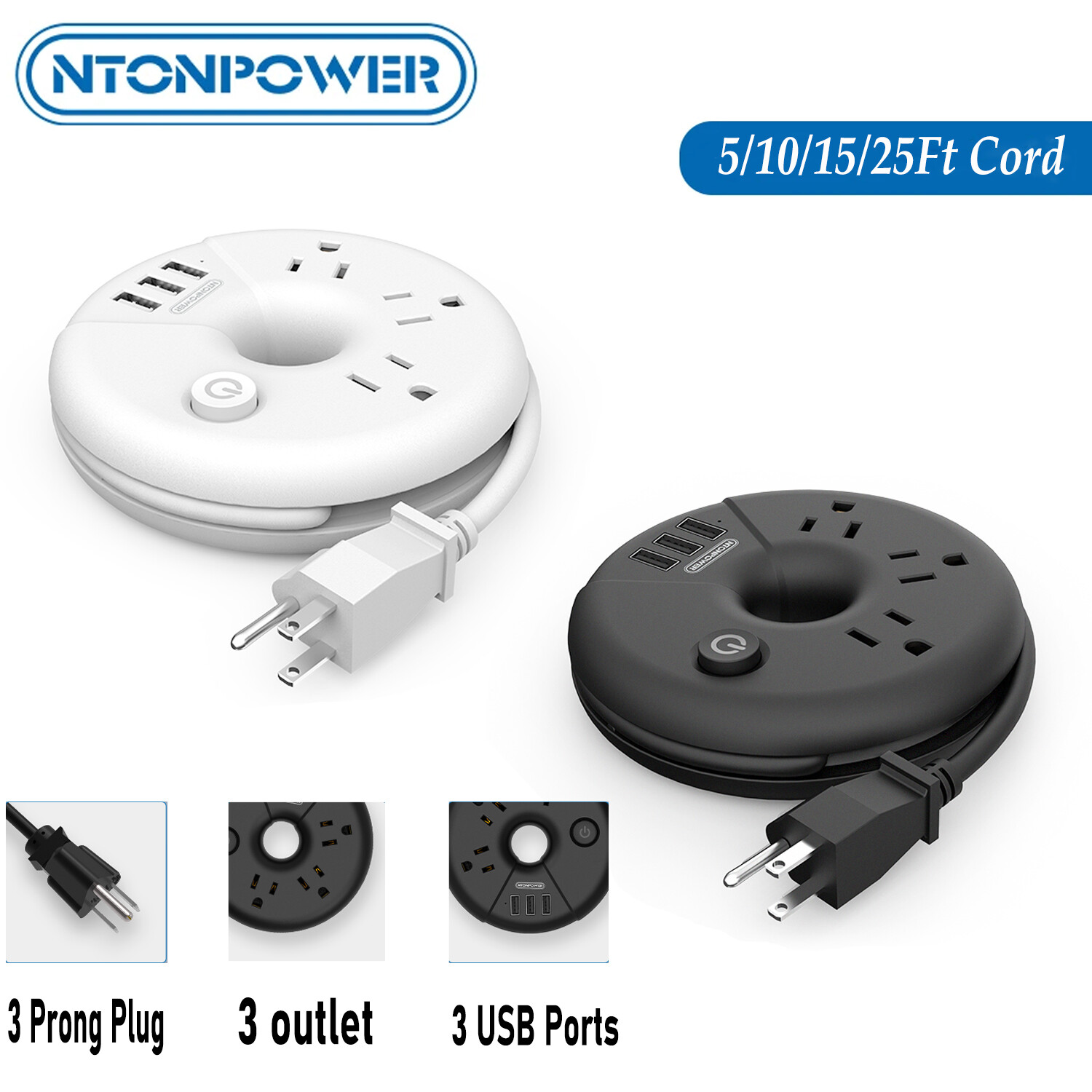 NTON Ultra Thin US Power Strip AC 3/4-Outlets with USB Ports Wall Mountable