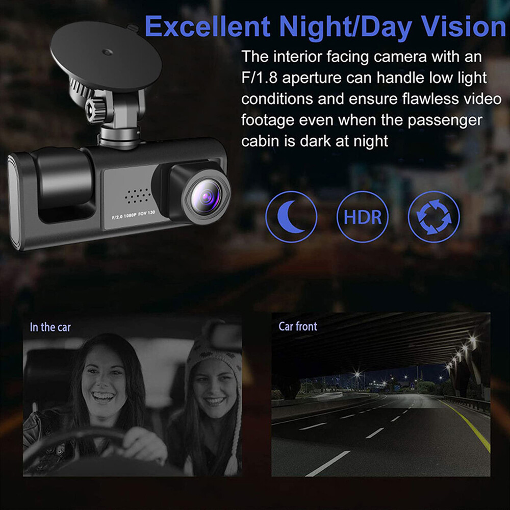 HD 1080P 3 Lens Car Dash Cam Video Recorder With G-sensor Front & Rear Camera