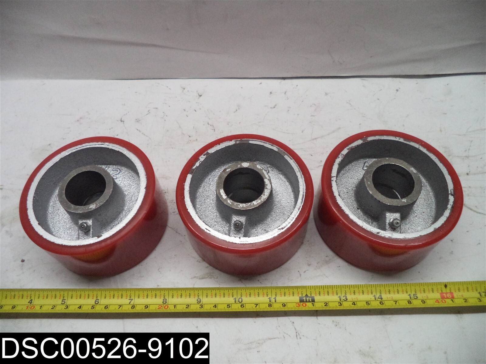 QTY=3: 4" X 2" Red Poly Coated Cast Wheels 1-3/16 Bore