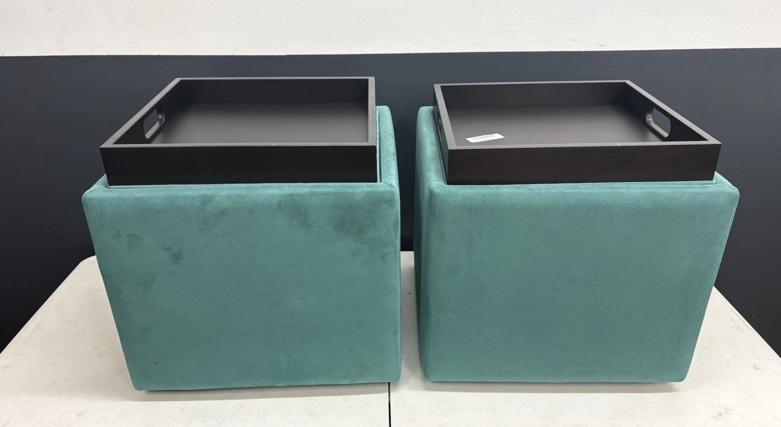 American Leather UNO Storage Ottoman Robb & Stucky Teal w Tray Casters Set 2