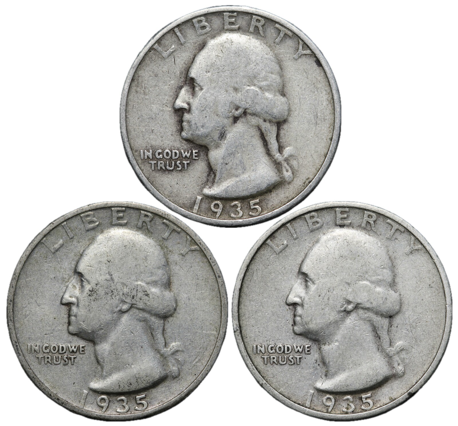 1935 & 1935-D & 1935-S Washington SILVER Quarter 3 Coin Set! Nice Early Dates! =