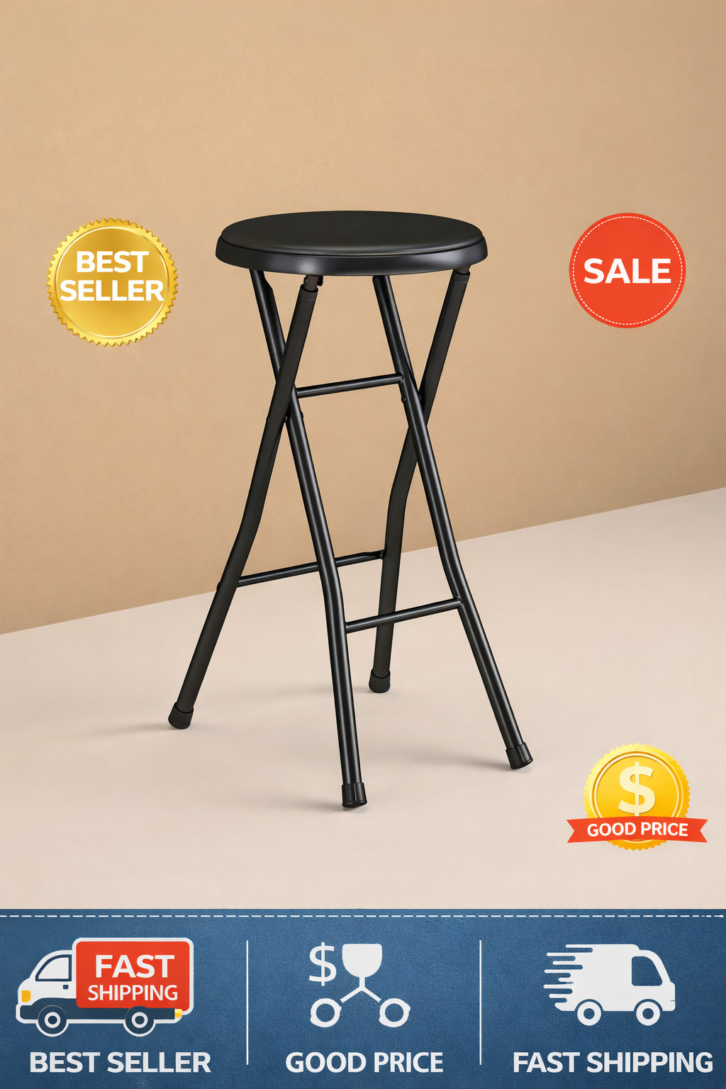 24" Black Vinyl Padded Folding Stool – Portable & Durable