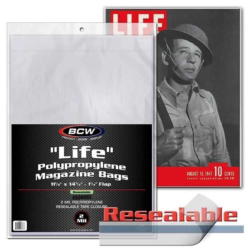 NEW (10 CT) BCW Combo Pack Life Magazine Bags- Resealable & Backing Boards