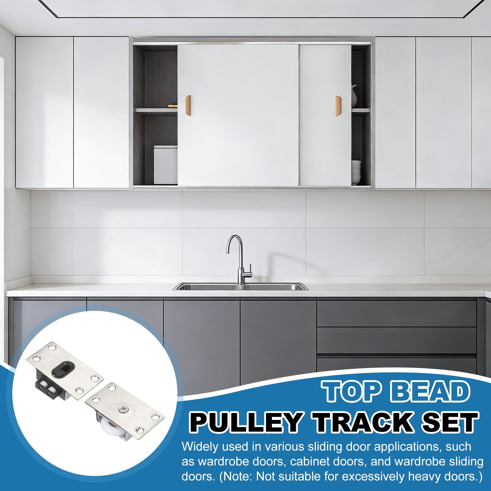 1Set Sliding Cabinet Hardware, 388 Top Bead Pulleys Track Set, Silver