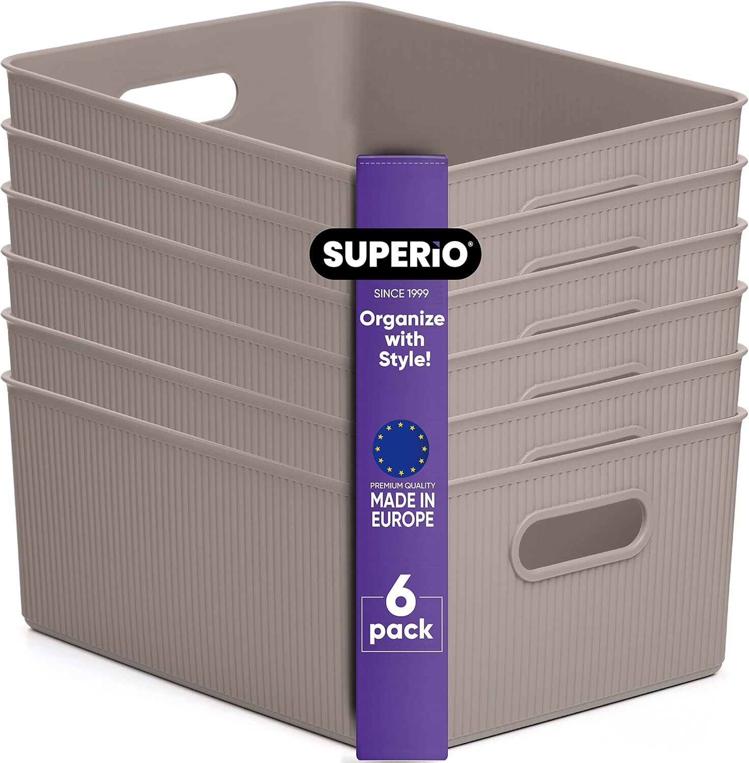 15L Medium Ribbed Storage Bin, Decorative Plastic Storage Baskets, 6 Pack, Taupe