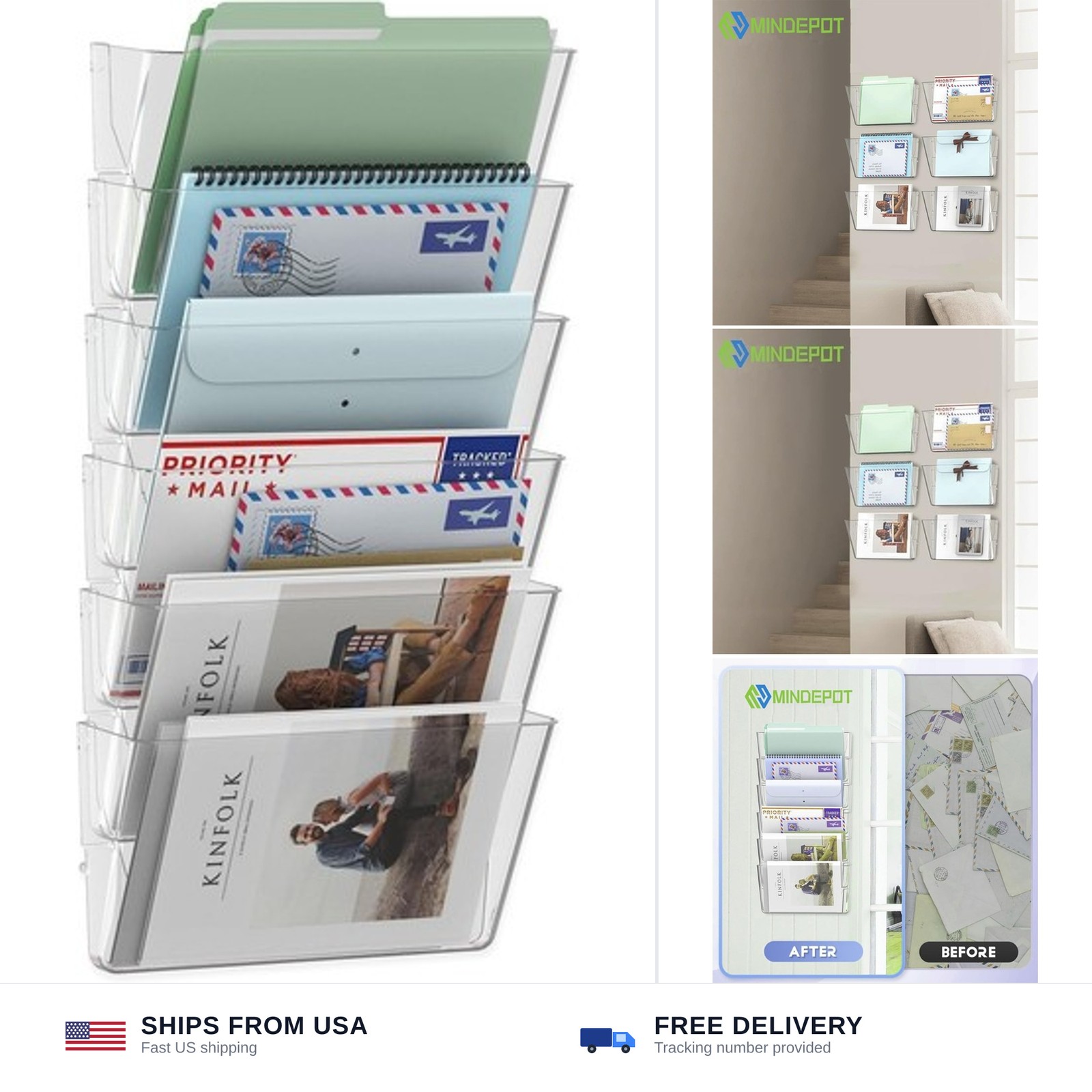 MINDEPOT 6 Pockets Acrylic Wall File Organizer Clear File Holder for Office |...