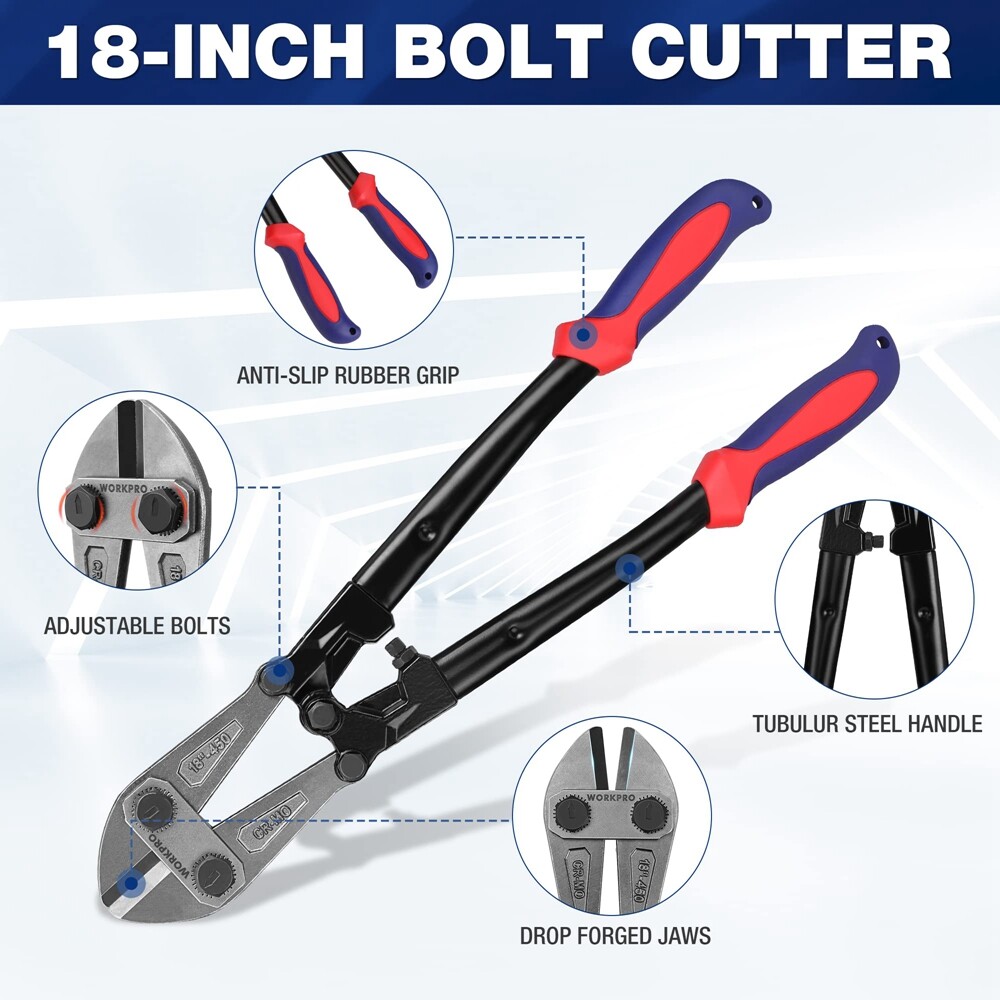 WORKPRO 18" Bolt Cutter Cutting Plier Tool Bi-Material Handle w/Soft Rubber Grip