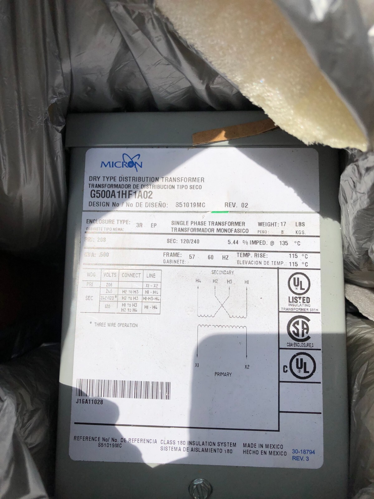 Micron G500A1HF1A02 Low Voltage General Purpose Transformer New