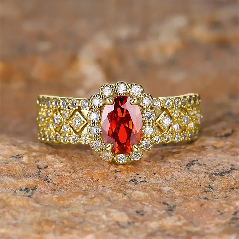 New Womens Gold Tone Garnet-Color CZ Ring Wedding Anniversary Gift Party Jewelry