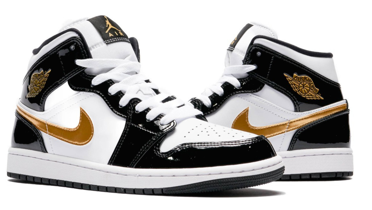 Nike Air Jordan 1 Mid Patent Black White Gold 852542-007 Men's Size New