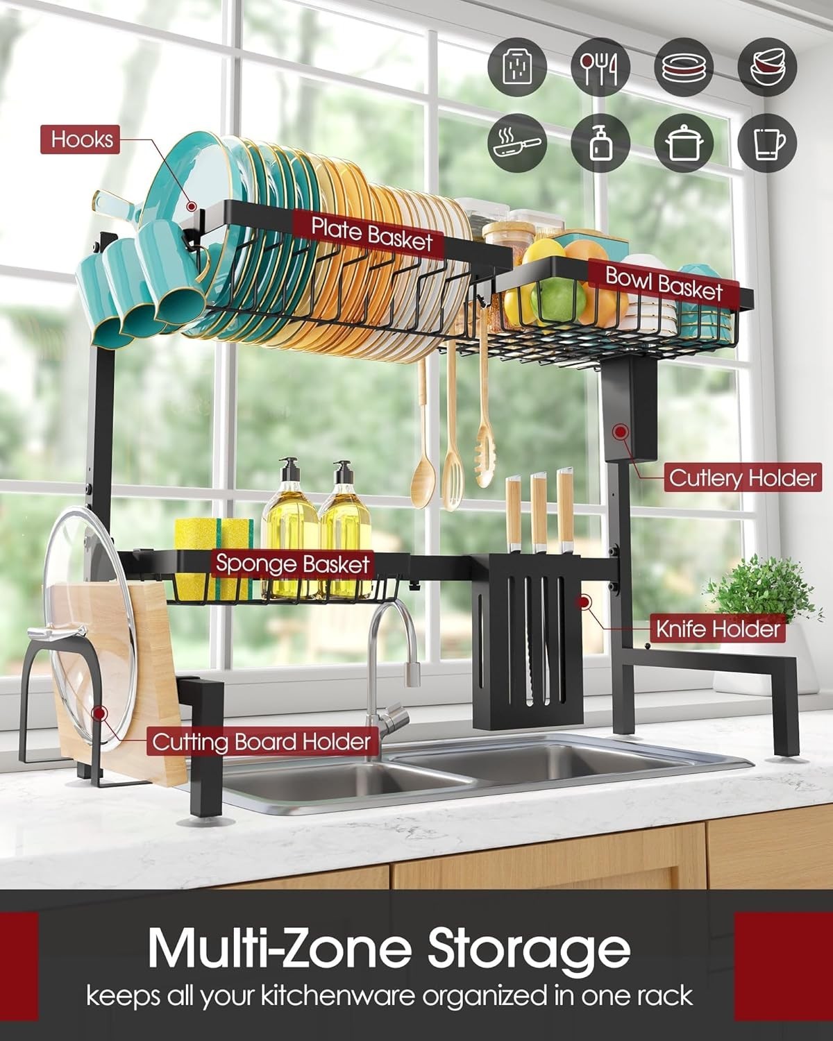 2 Tier Over Sink Dish Drying Rack Adjustable Stainless Steel Black
