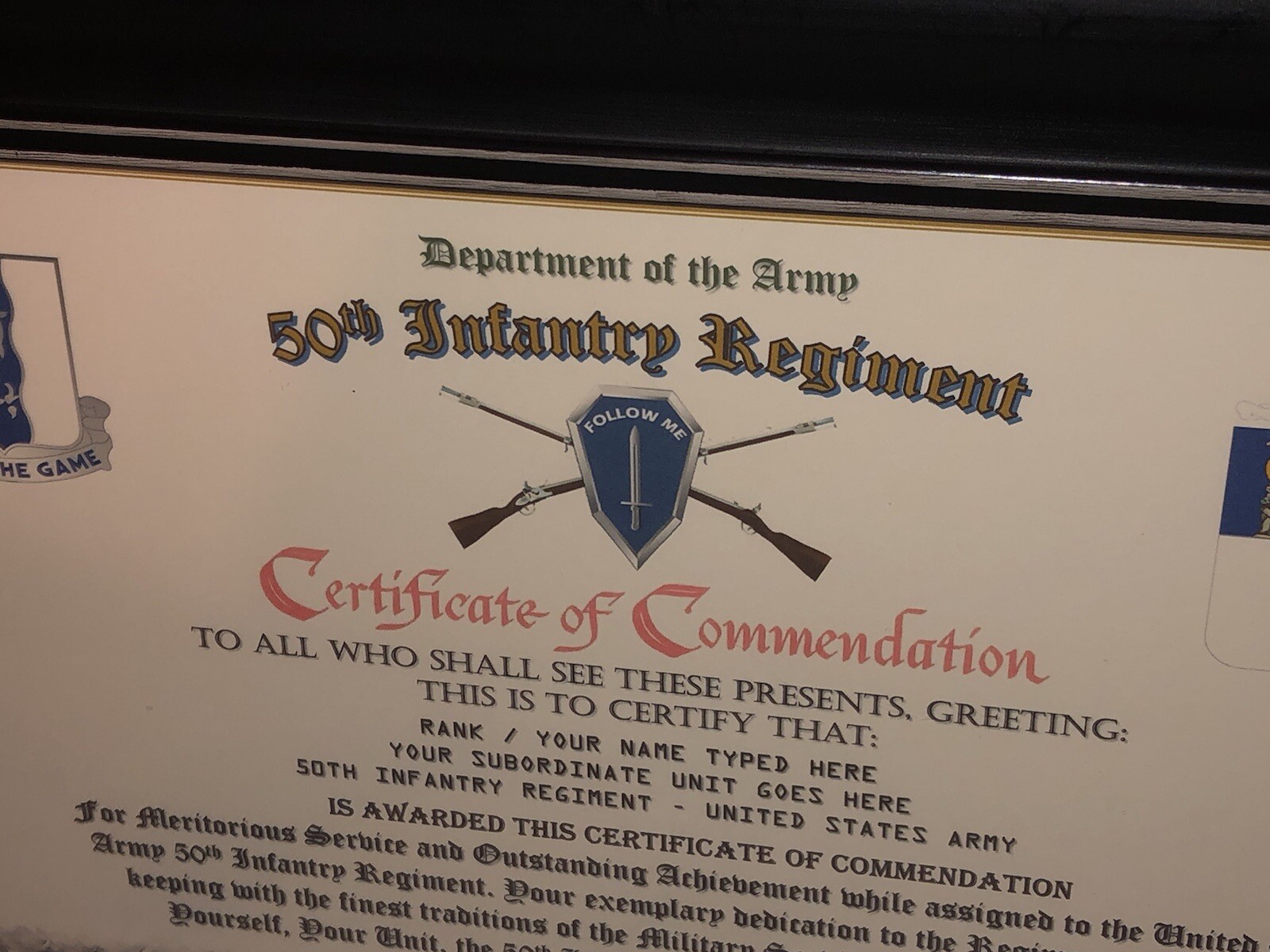 50TH INFANTRY REGIMENT / COMMEMORATIVE - CERTIFICATE OF COMMENDATION
