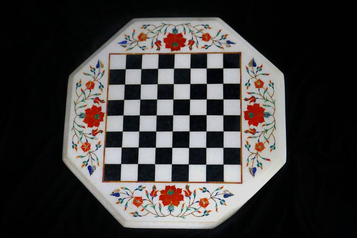 15" White Marble Chess Table Top Semi Precious Stones Inlay Work